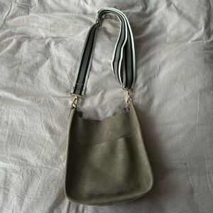 Tan AhDorned vegan suede crossbody bag with interchangeable strap